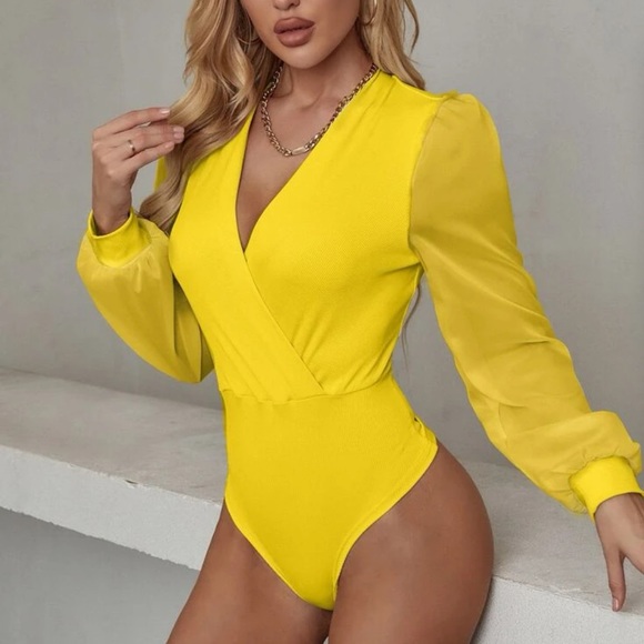 Classic Surplice Sheer Sleeve Bodysuit - Picture 1 of 15